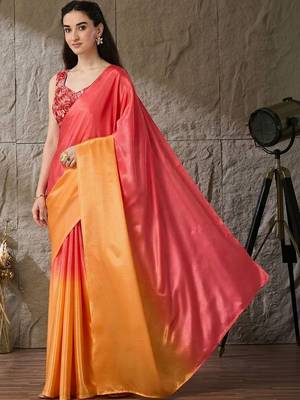 Multi plain satin designer saree with blouse piece 3