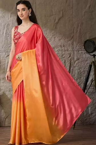 Multi plain satin designer saree with blouse piece