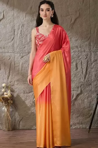 Multi plain satin designer saree with blouse piece