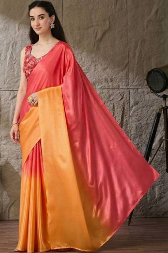 Multi plain satin designer saree with blouse piece