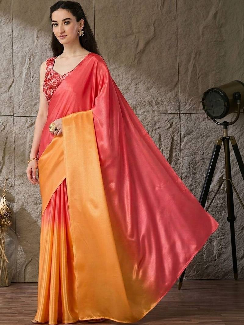 Multi plain satin designer saree with blouse piece