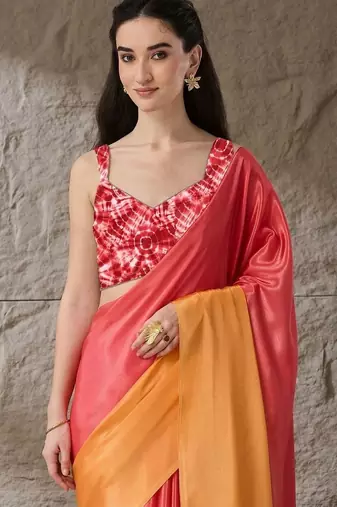 Multi plain satin designer saree with blouse piece