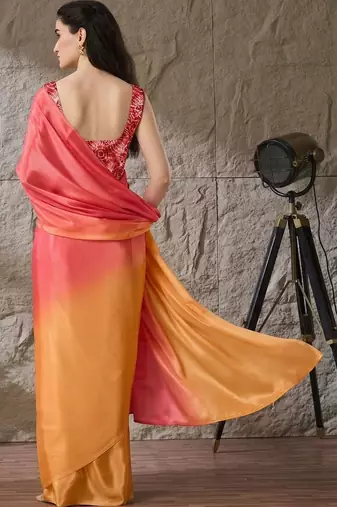 Multi plain satin designer saree with blouse piece