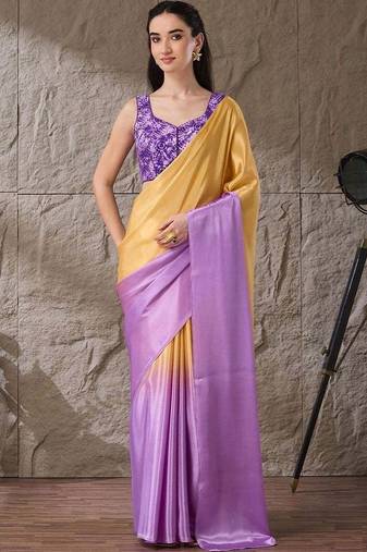 Multi plain satin designer saree with blouse piece