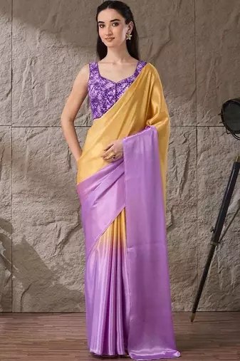 Multi plain satin designer saree with blouse piece