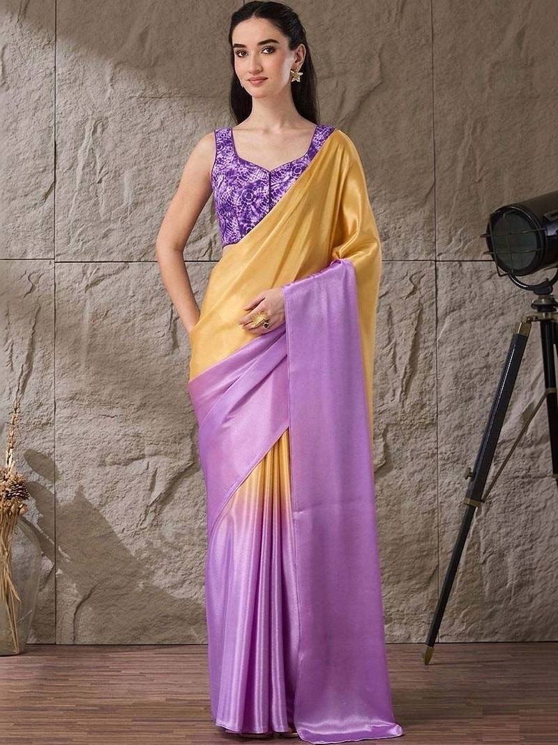 Multi plain satin designer saree with blouse piece
