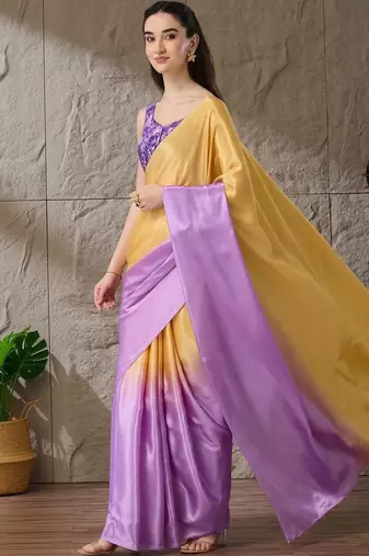 Multi plain satin designer saree with blouse piece
