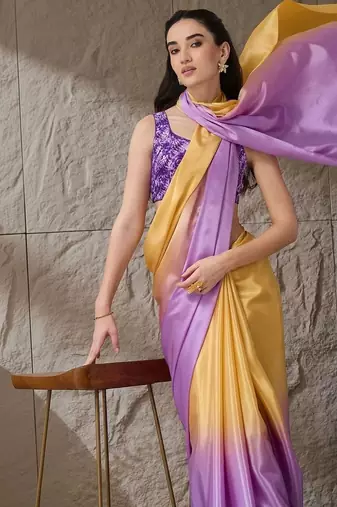 Multi plain satin designer saree with blouse piece