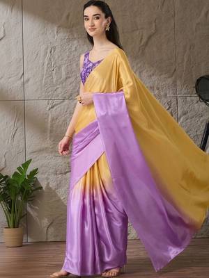 Multi plain satin designer saree with blouse piece 1