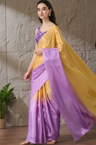 Multi plain satin designer saree with blouse piece