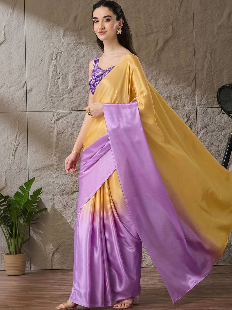 Multi plain satin designer saree with blouse piece
