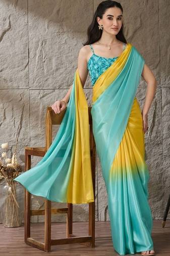 Multi plain satin designer saree with blouse piece