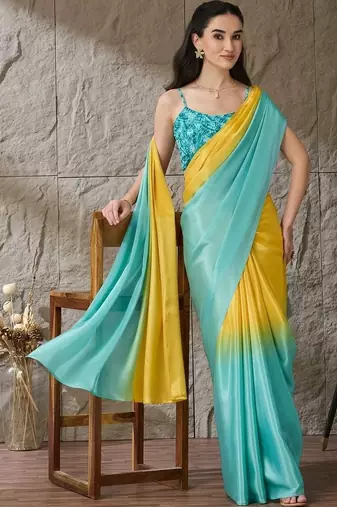 Multi plain satin designer saree with blouse piece