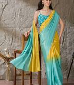Multi plain satin designer saree with blouse piece