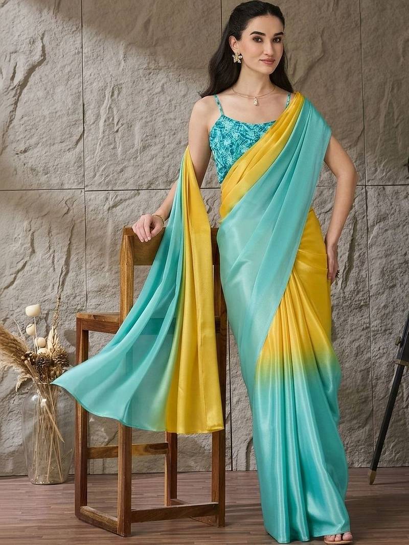 Multi plain satin designer saree with blouse piece