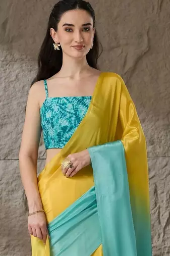 Multi plain satin designer saree with blouse piece