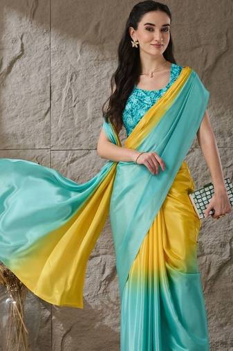 Multi plain satin designer saree with blouse piece