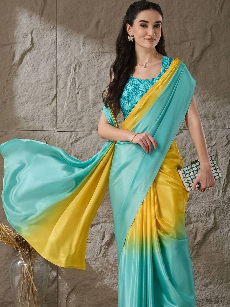 Multi plain satin designer saree with blouse piece