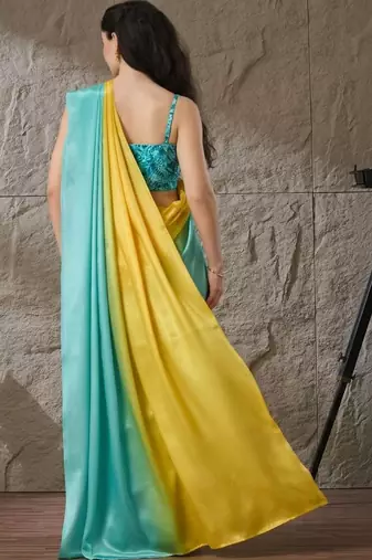 Multi plain satin designer saree with blouse piece