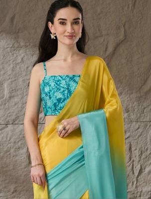 Multi plain satin designer saree with blouse piece 4
