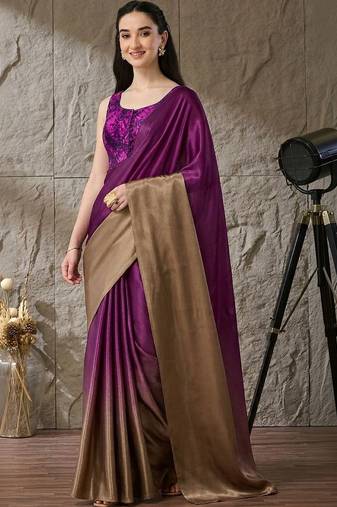 Purple plain satin designer saree with blouse piece