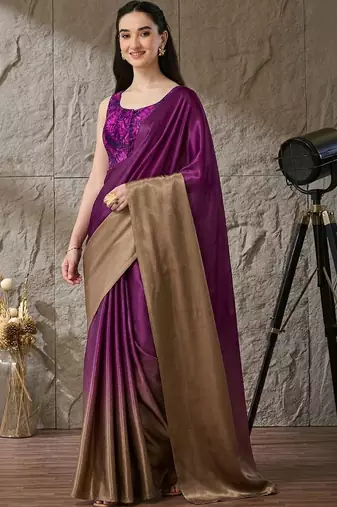 Purple plain satin designer saree with blouse piece