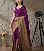 Purple plain satin designer saree with blouse piece