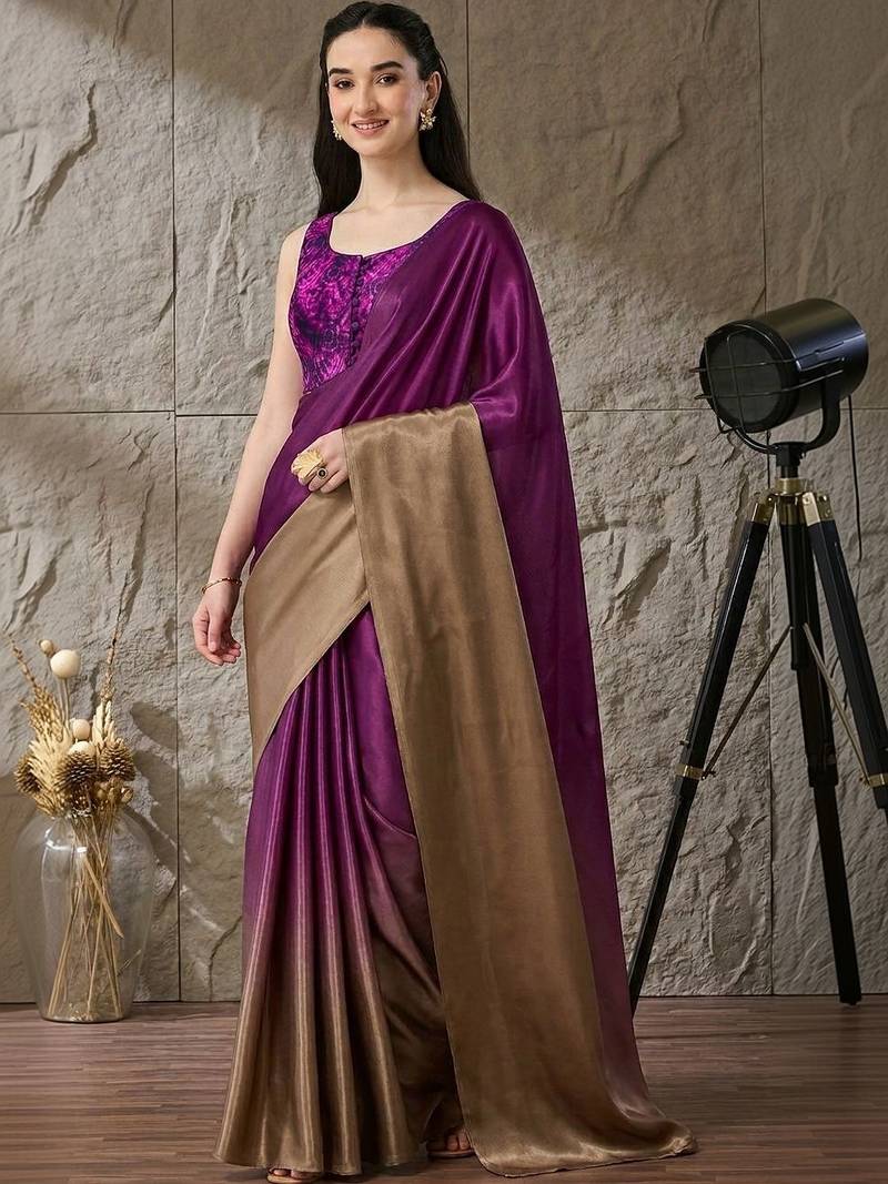 Purple plain satin designer saree with blouse piece