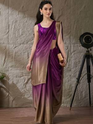 Purple plain satin designer saree with blouse piece 2