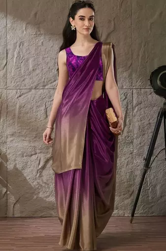 Purple plain satin designer saree with blouse piece