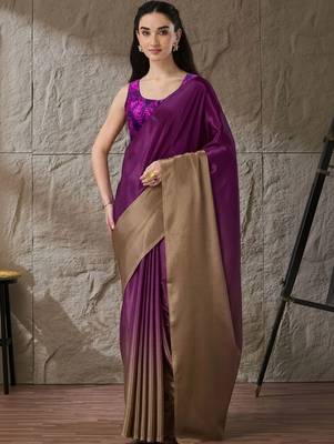 Purple plain satin designer saree with blouse piece 3