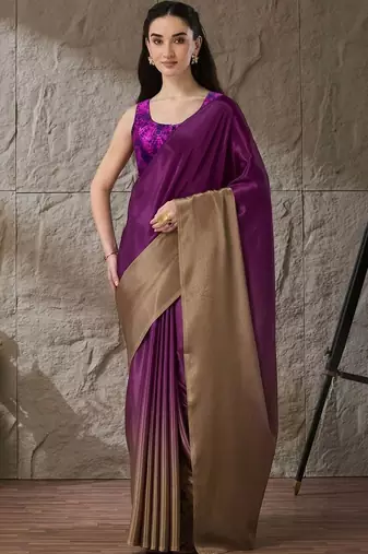 Purple plain satin designer saree with blouse piece