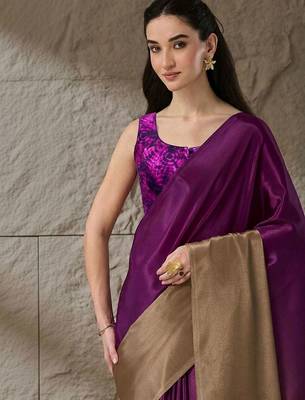 Purple plain satin designer saree with blouse piece 4