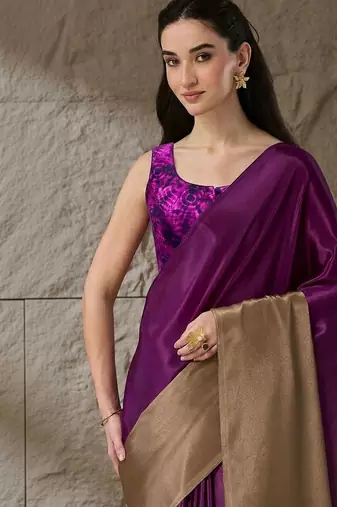 Purple plain satin designer saree with blouse piece
