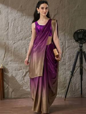 Purple plain satin designer saree with blouse piece 1