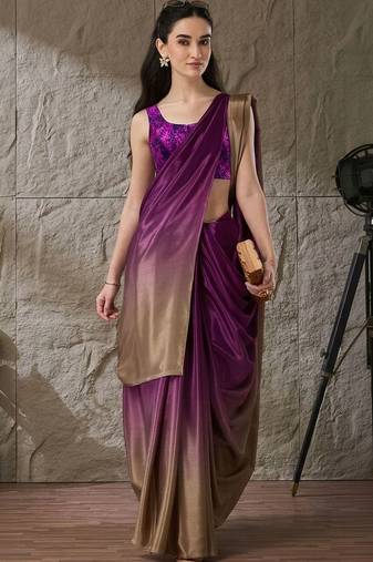 Purple plain satin designer saree with blouse piece