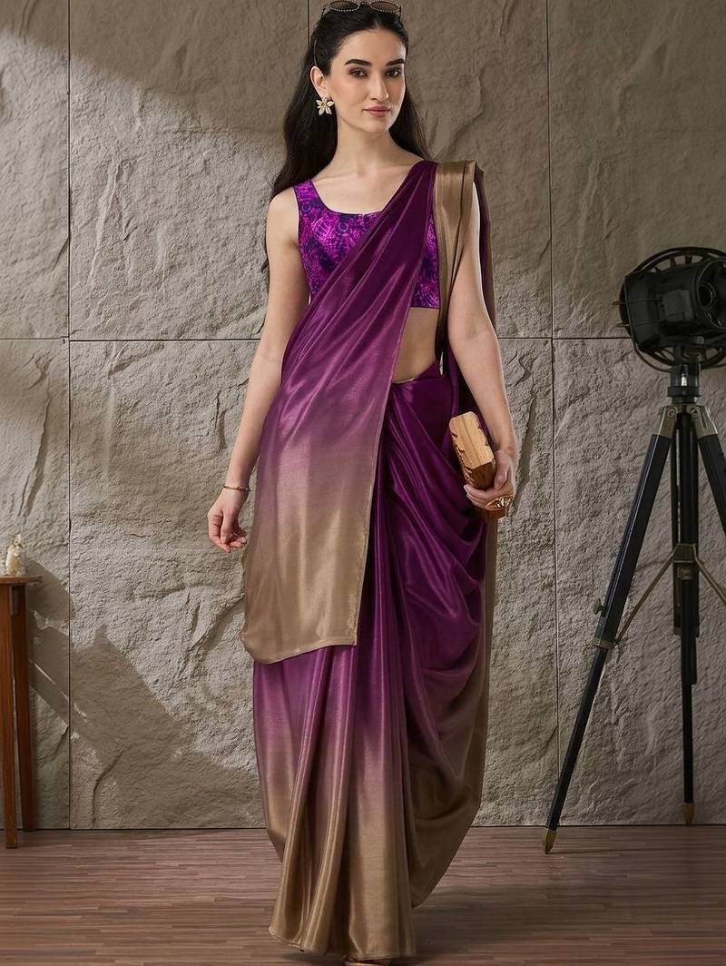 Purple plain satin designer saree with blouse piece