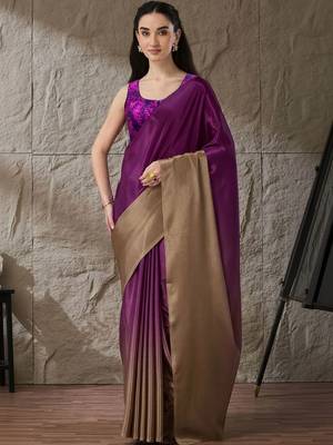 Purple plain satin designer saree with blouse piece 2