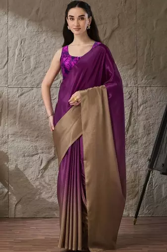 Purple plain satin designer saree with blouse piece