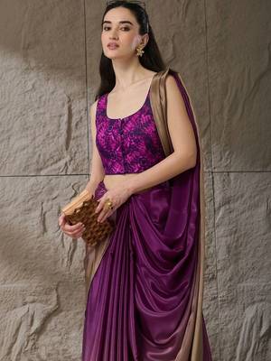 Purple plain satin designer saree with blouse piece 3