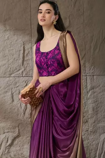 Purple plain satin designer saree with blouse piece