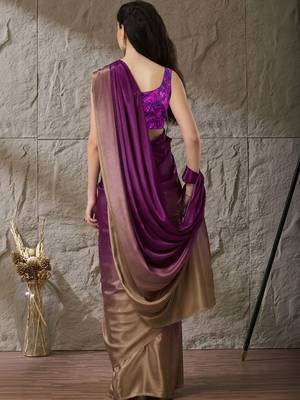Purple plain satin designer saree with blouse piece 4