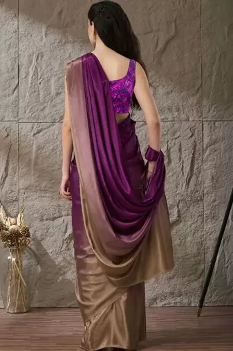 Purple plain satin designer saree with blouse piece