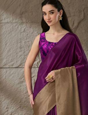 Purple plain satin designer saree with blouse piece 5
