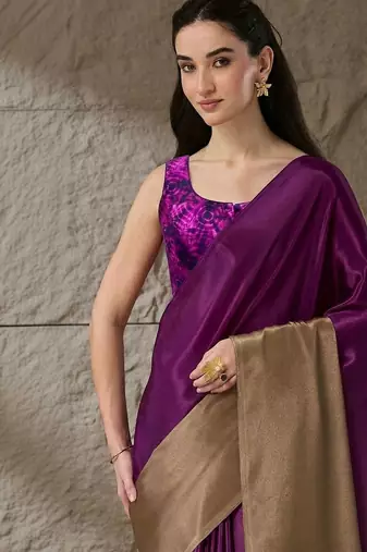 Purple plain satin designer saree with blouse piece