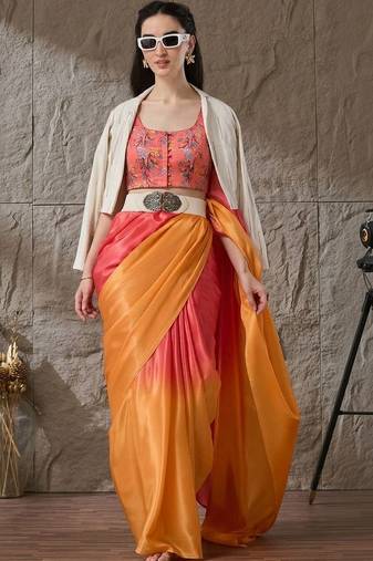 Multi plain satin designer saree with blouse piece