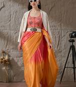 Multi plain satin designer saree with blouse piece