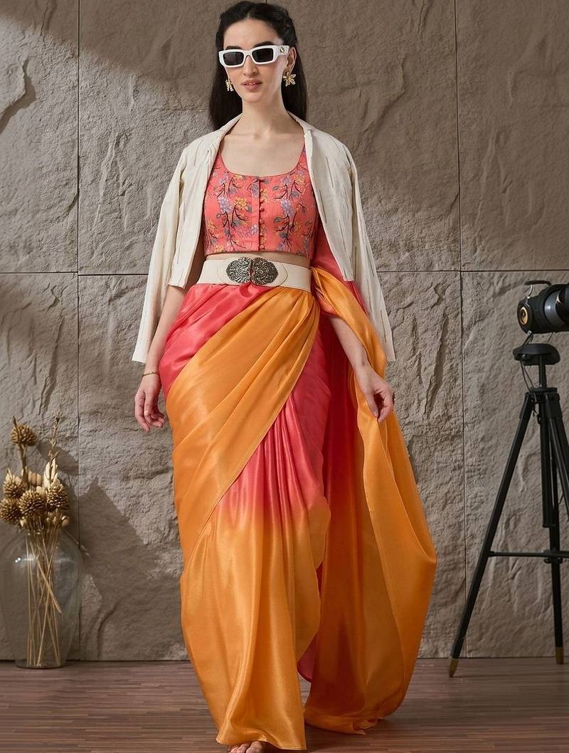Multi plain satin designer saree with blouse piece