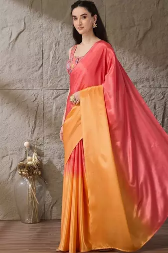 Multi plain satin designer saree with blouse piece