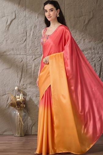 Multi plain satin designer saree with blouse piece